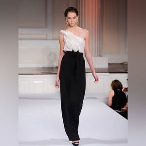 □$4790 NWT OSCAR DE LA RENTA BLACK WHITE SILK RUNWAY DRESS GOWN US 12